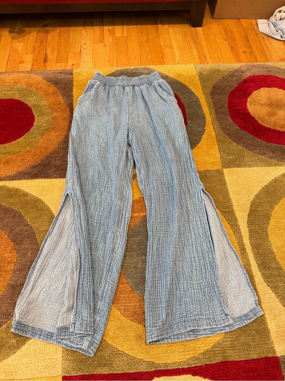 Aerie Blue Gauze High Waisted Wide Leg Pants Flowy Side Slits Coverup Size Small